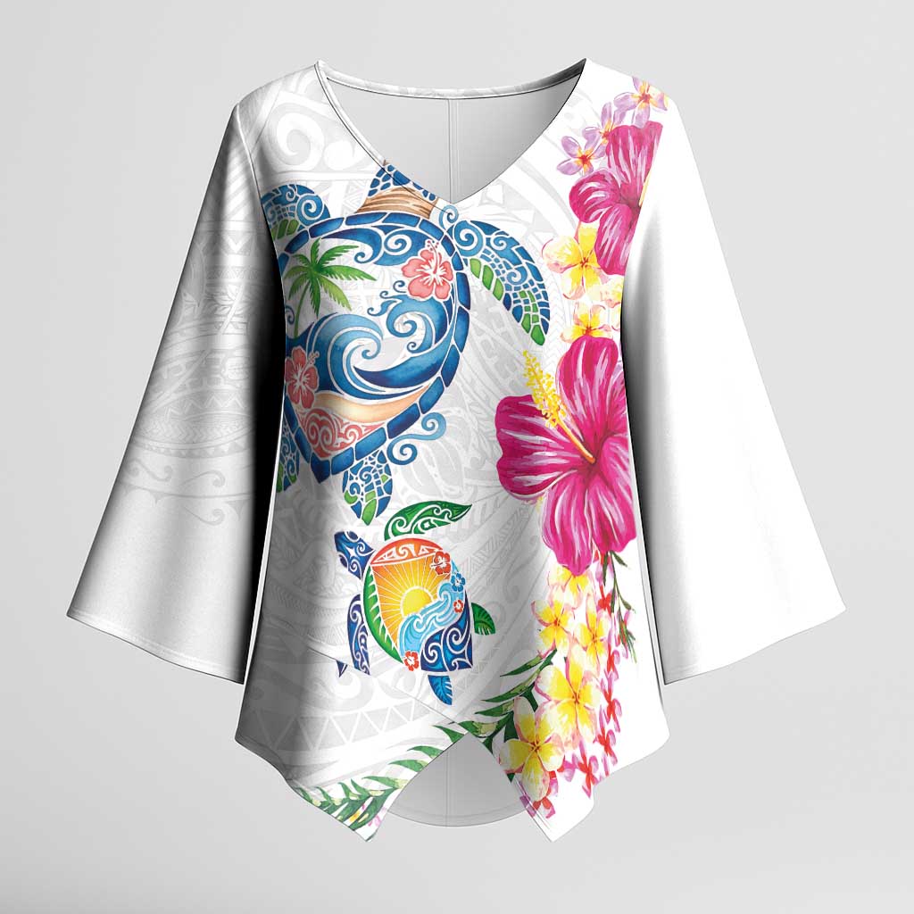 Hawaiian Abstract Art Turtles Kimono Sleeve Blouse with Plumeria and Hibiscus LT03 Female White - Polynesian Pride