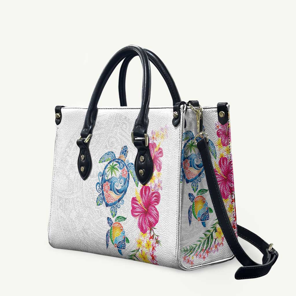 Hawaiian Abstract Art Turtles Leather Bag with Plumeria and Hibiscus LT03 White - Polynesian Pride