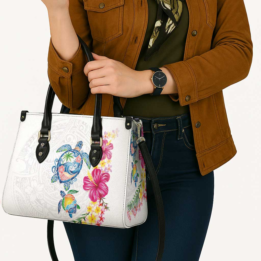 Hawaiian Abstract Art Turtles Leather Bag with Plumeria and Hibiscus LT03 - Polynesian Pride