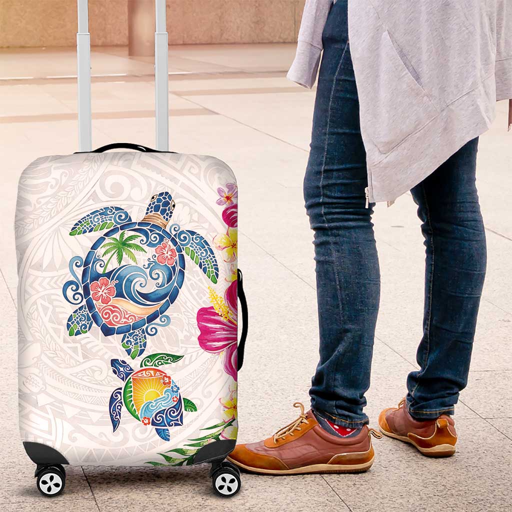 Hawaiian Abstract Art Turtles Luggage Cover with Plumeria and Hibiscus LT03 White - Polynesian Pride