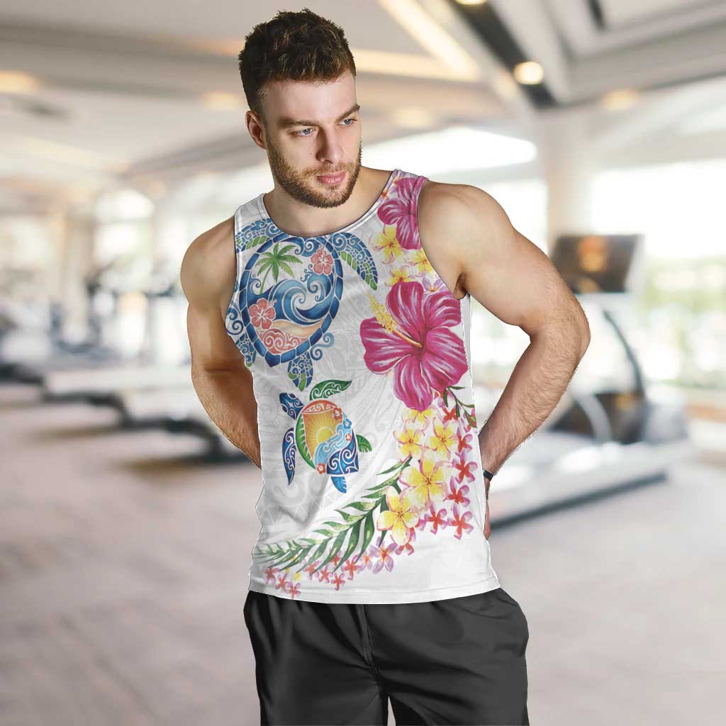 Hawaiian Abstract Art Turtles Men Tank Top with Plumeria and Hibiscus LT03 White - Polynesian Pride