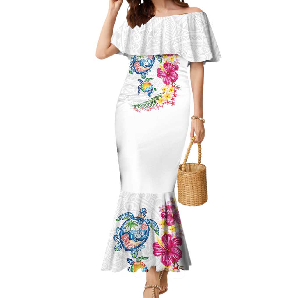 Hawaiian Abstract Art Turtles Mermaid Dress with Plumeria and Hibiscus LT03 Women White - Polynesian Pride