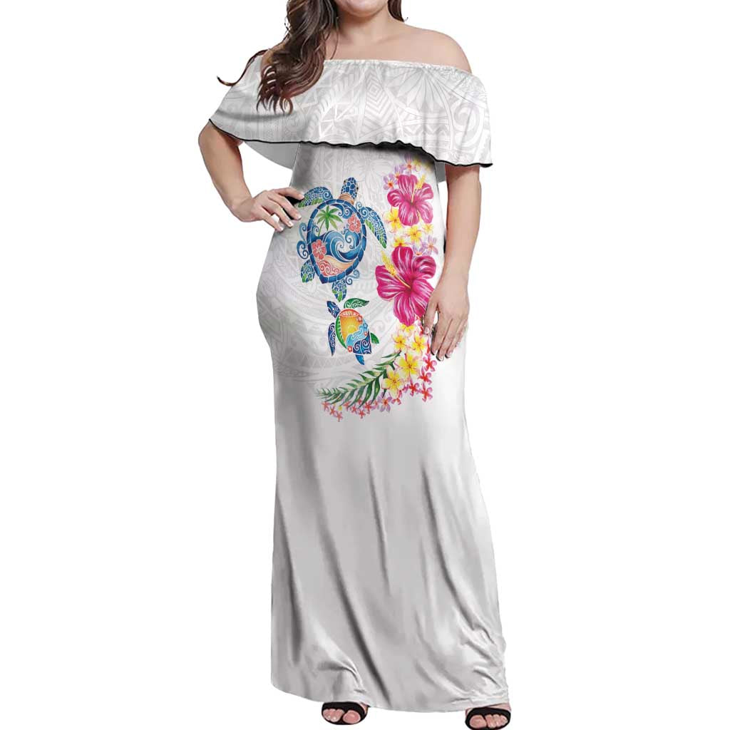 Hawaiian Abstract Art Turtles Off Shoulder Maxi Dress with Plumeria and Hibiscus LT03 Women White - Polynesian Pride
