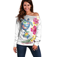 Hawaiian Abstract Art Turtles Off Shoulder Sweater with Plumeria and Hibiscus LT03 Women White - Polynesian Pride