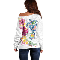 Hawaiian Abstract Art Turtles Off Shoulder Sweater with Plumeria and Hibiscus LT03 - Polynesian Pride