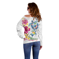 Hawaiian Abstract Art Turtles Off Shoulder Sweater with Plumeria and Hibiscus LT03 - Polynesian Pride