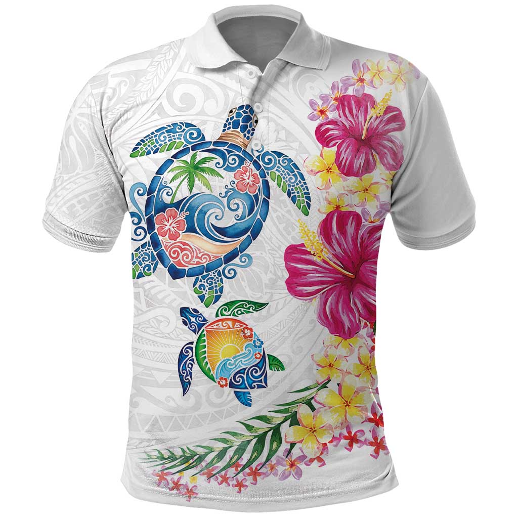Hawaiian Abstract Art Turtles Polo Shirt with Plumeria and Hibiscus LT03 White - Polynesian Pride