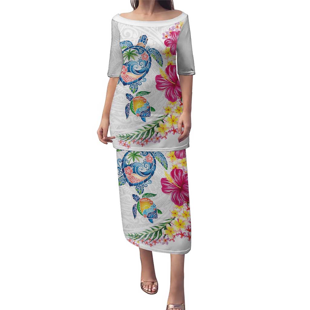 Hawaiian Abstract Art Turtles Puletasi with Plumeria and Hibiscus LT03 Long Dress White - Polynesian Pride