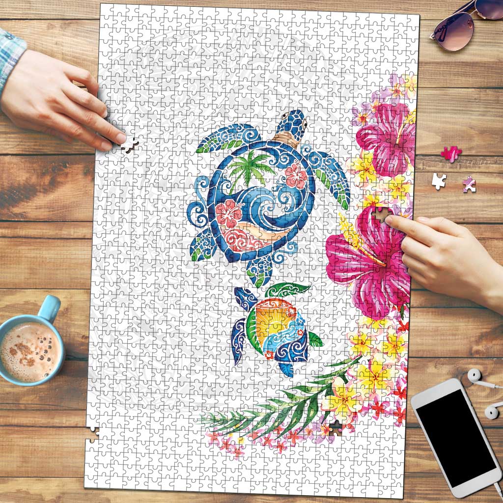 Hawaiian Abstract Art Turtles Puzzle with Plumeria and Hibiscus LT03 White - Polynesian Pride