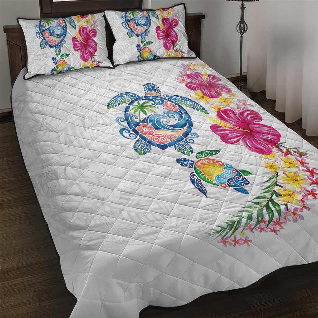 Hawaiian Abstract Art Turtles Quilt Bed Set with Plumeria and Hibiscus LT03 White - Polynesian Pride
