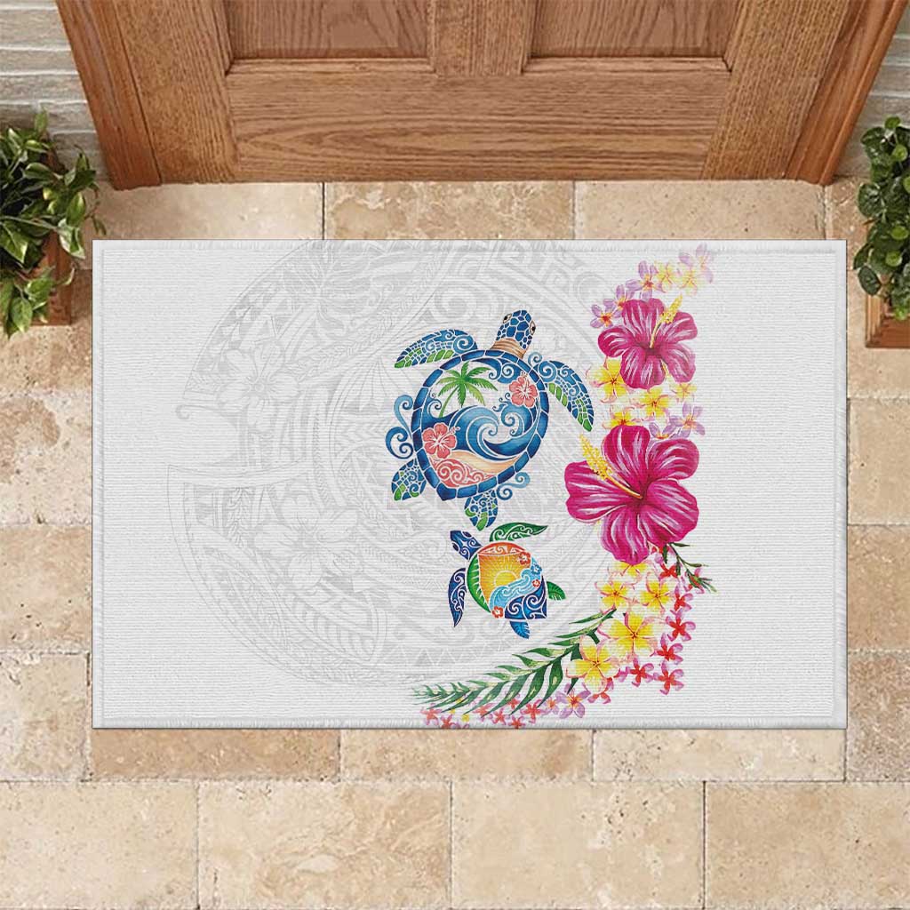 Hawaiian Abstract Art Turtles Rubber Doormat with Plumeria and Hibiscus LT03 White - Polynesian Pride