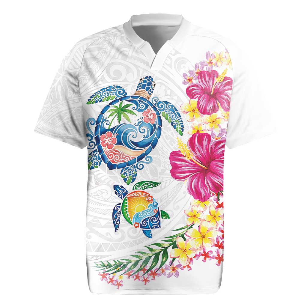Hawaiian Abstract Art Turtles Rugby Jersey with Plumeria and Hibiscus LT03 White - Polynesian Pride