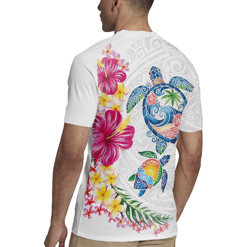 Hawaiian Abstract Art Turtles Rugby Jersey with Plumeria and Hibiscus LT03 - Polynesian Pride