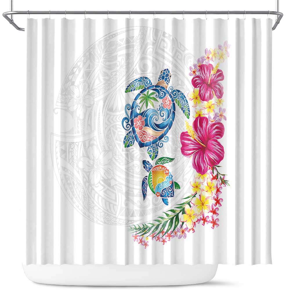 Hawaiian Abstract Art Turtles Shower Curtain with Plumeria and Hibiscus LT03 White - Polynesian Pride