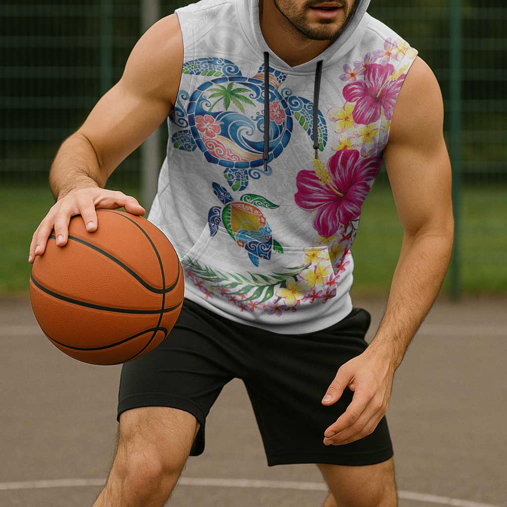 Hawaiian Abstract Art Turtles Sleeveless Hoodie with Plumeria and Hibiscus LT03 - Polynesian Pride
