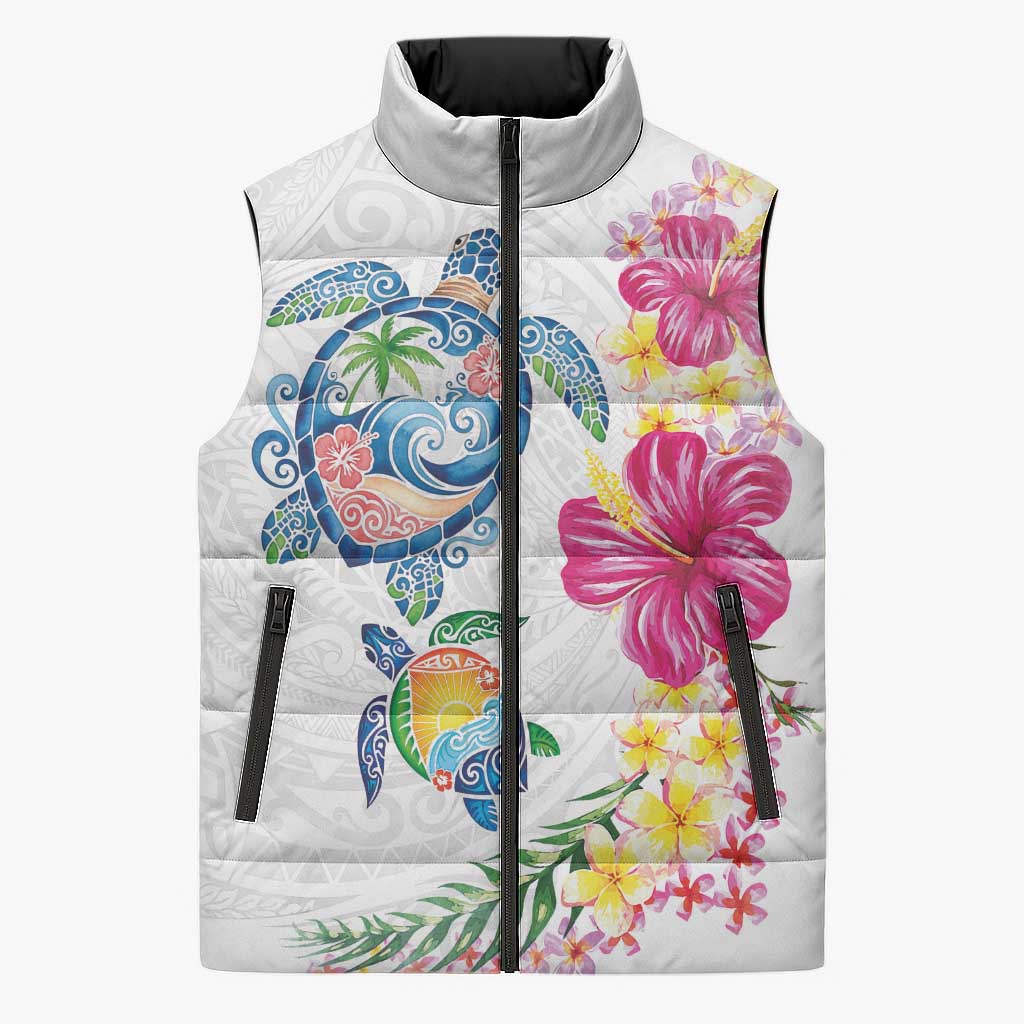 Hawaiian Abstract Art Turtles Sleeveless Puffer Jacket with Plumeria and Hibiscus LT03 Unisex White - Polynesian Pride
