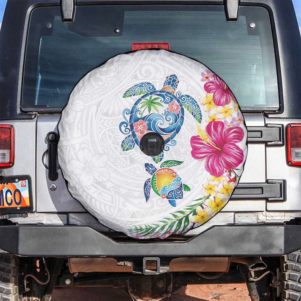 Hawaiian Abstract Art Turtles Spare Tire Cover with Plumeria and Hibiscus LT03 White - Polynesian Pride