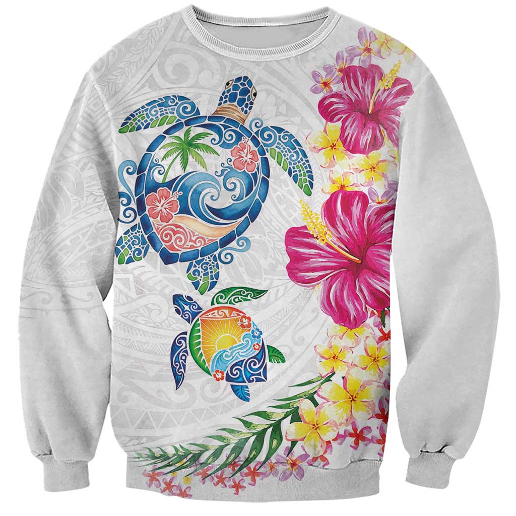 Hawaiian Abstract Art Turtles Sweatshirt with Plumeria and Hibiscus LT03 Unisex White - Polynesian Pride