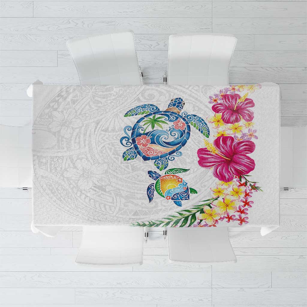 Hawaiian Abstract Art Turtles Tablecloth with Plumeria and Hibiscus LT03 White - Polynesian Pride