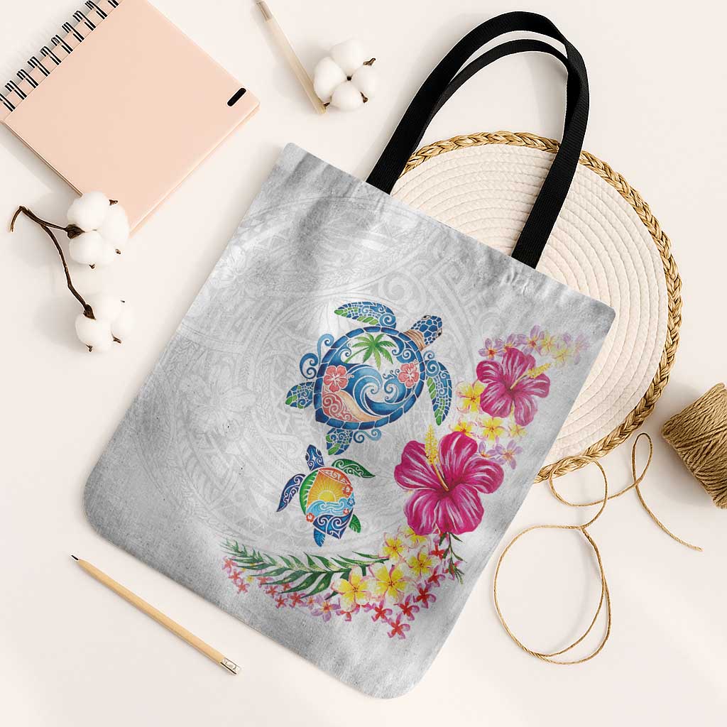 Hawaiian Abstract Art Turtles Tote Bag with Plumeria and Hibiscus LT03 Black Strap One Size White - Polynesian Pride