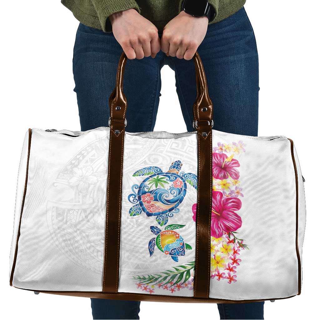 Hawaiian Abstract Art Turtles Travel Bag with Plumeria and Hibiscus LT03 White - Polynesian Pride