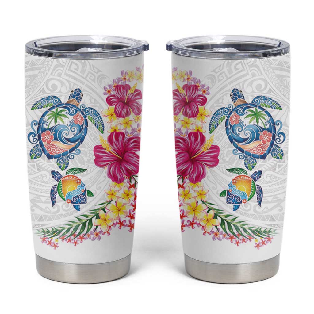 Hawaiian Abstract Art Turtles Tumbler Cup with Plumeria and Hibiscus LT03 White - Polynesian Pride