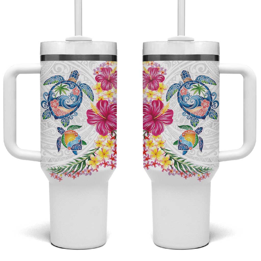 Hawaiian Abstract Art Turtles Tumbler With Handle with Plumeria and Hibiscus LT03 One Size: 40 oz White - Polynesian Pride