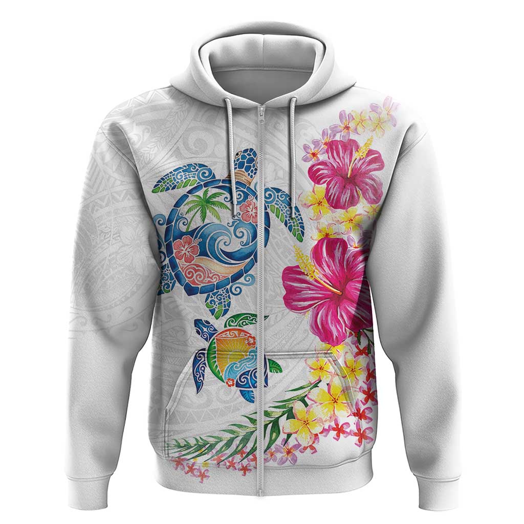 Hawaiian Abstract Art Turtles Zip Hoodie with Plumeria and Hibiscus LT03 Zip Hoodie White - Polynesian Pride