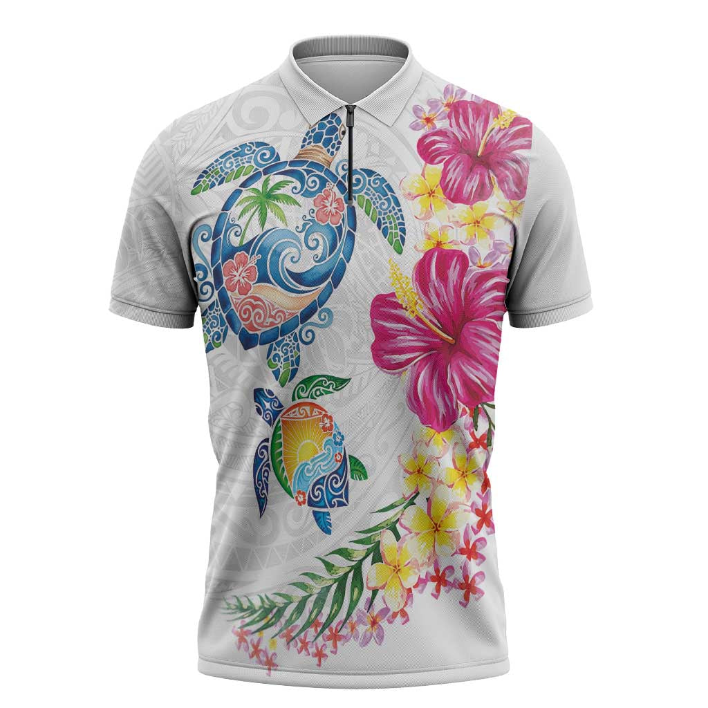 Hawaiian Abstract Art Turtles Zipper Polo Shirt with Plumeria and Hibiscus LT03 White - Polynesian Pride