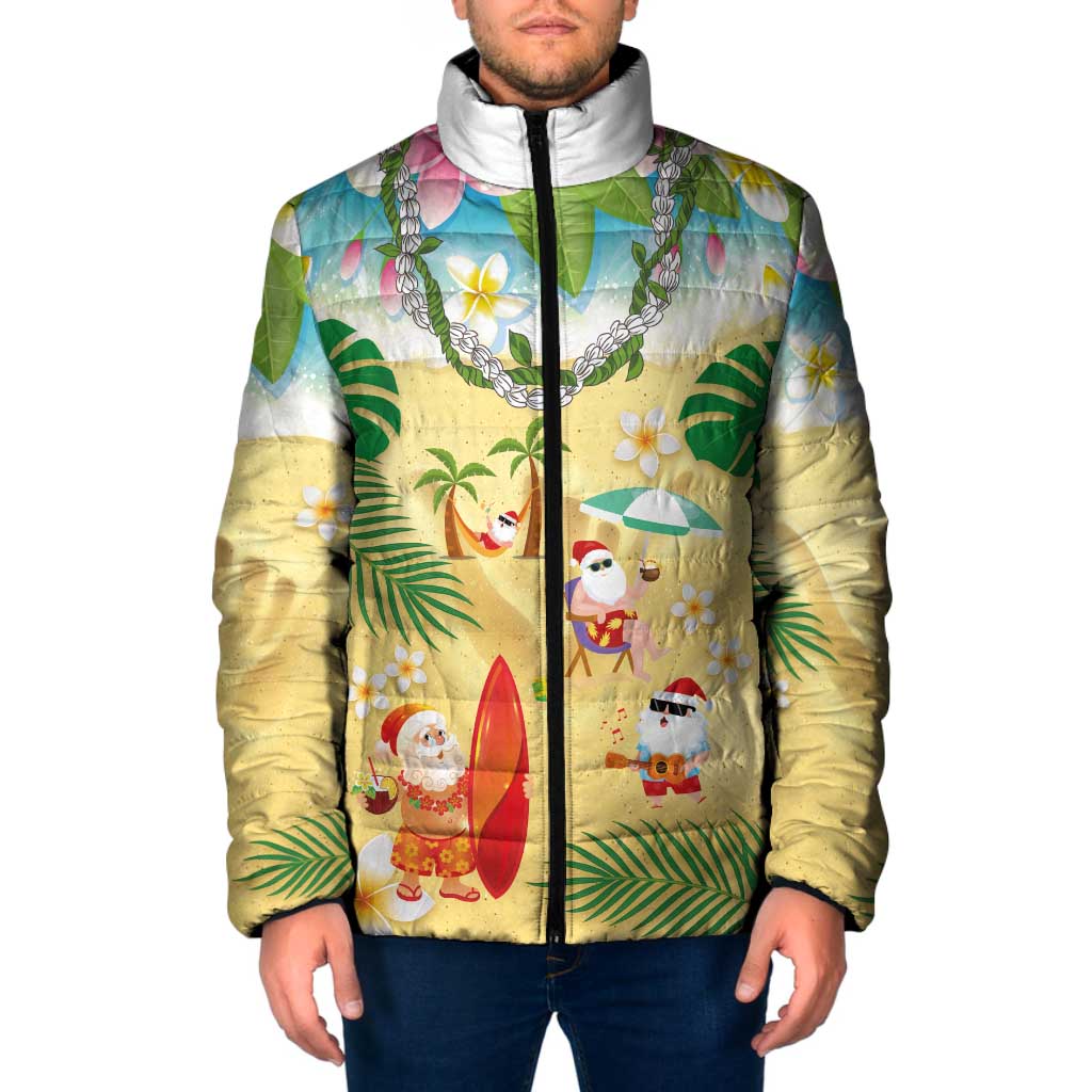 Hawaiian Mele Kalikimaka Padded Jacket Tropical Plumeria and Lei Funny Santa Beach LT03 Men Multicolor - Polynesian Pride