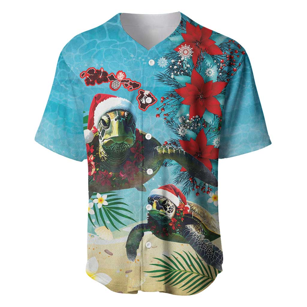 Hawaiian Mele Kalikimaka Baseball Jersey Tropical Xmas Turtles Red Poinsettia Watercolor LT03 Multicolor - Polynesian Pride