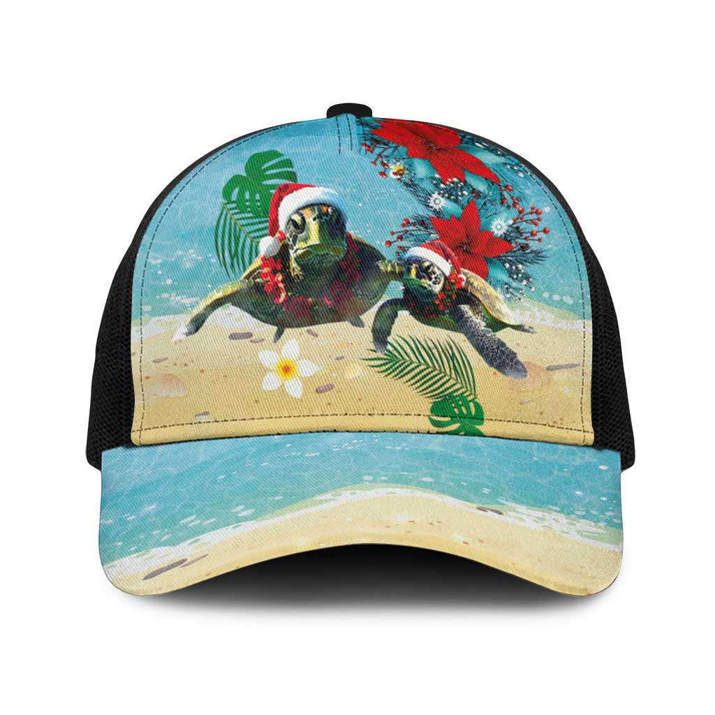 Hawaiian Mele Kalikimaka Baseball Net Cap Xmas Turtles and Tropical Plants with Red Poinsettia Watercolor Style LT03 One Size Black Multicolor - Polynesian Pride