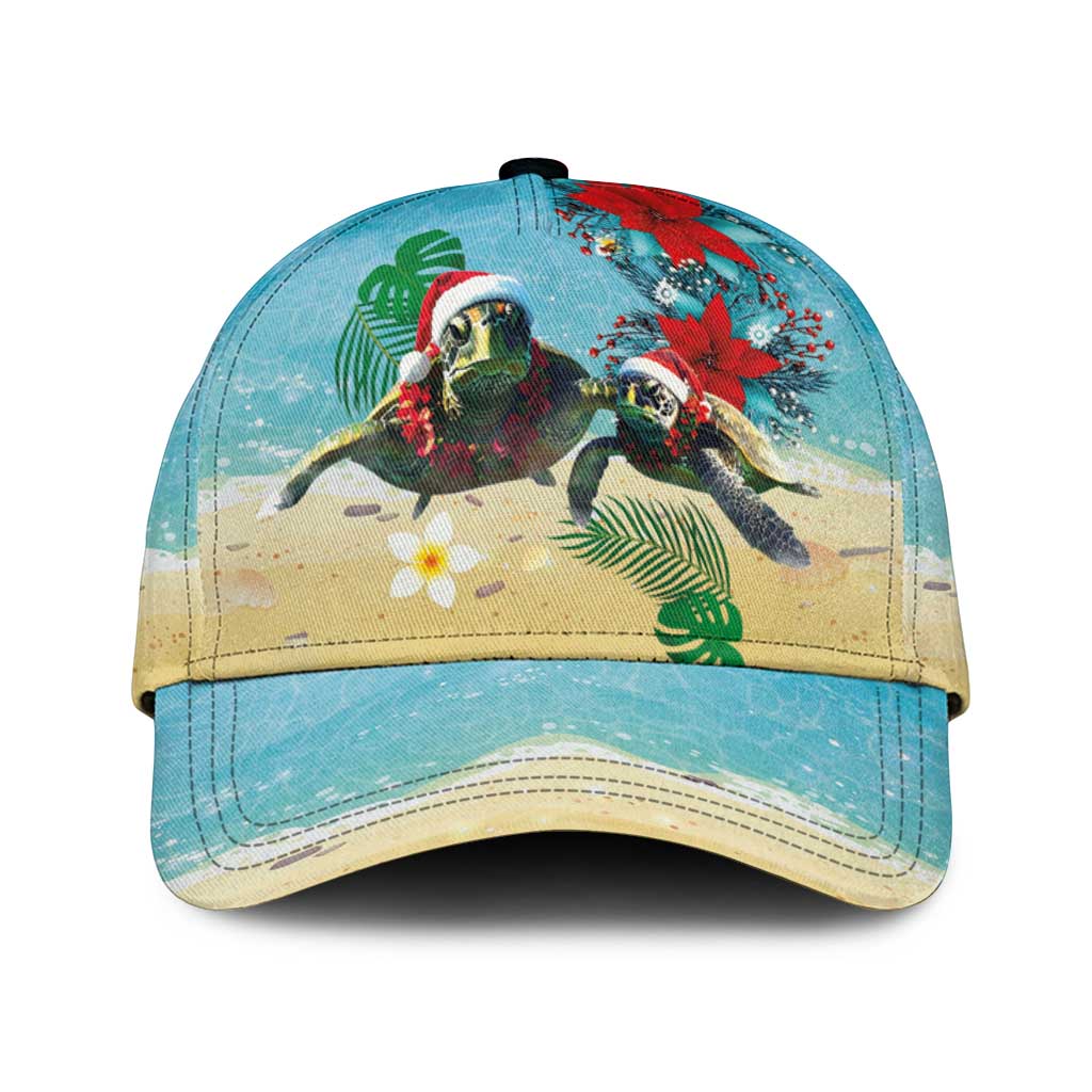 Hawaiian Mele Kalikimaka Classic Cap Xmas Turtles and Tropical Plants with Red Poinsettia Watercolor Style LT03 Universal Fit Multicolor - Polynesian Pride