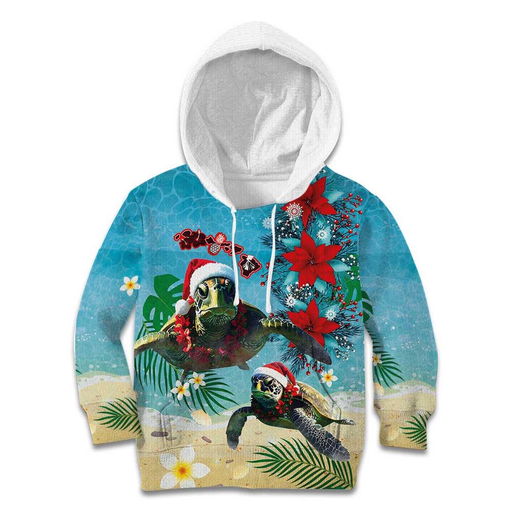 Hawaiian Mele Kalikimaka Kid Hoodie Tropical Xmas Turtles Red Poinsettia Watercolor LT03 Hoodie Multicolor - Polynesian Pride