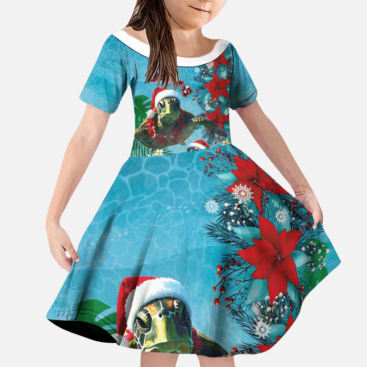 Hawaiian Mele Kalikimaka Kid Short Sleeve Dress Tropical Xmas Turtles Red Poinsettia Watercolor LT03 KID Multicolor - Polynesian Pride