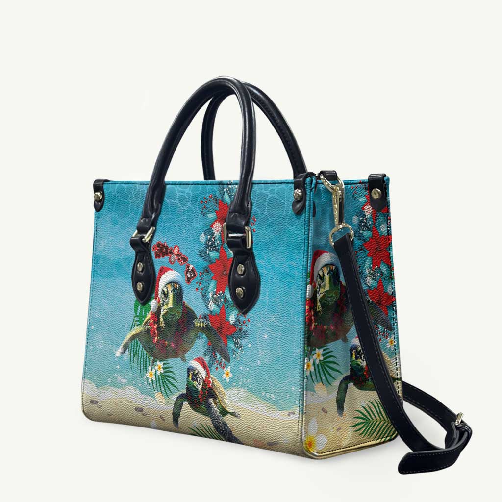 Hawaiian Mele Kalikimaka Leather Bag Tropical Xmas Turtles Red Poinsettia Watercolor LT03 Multicolor - Polynesian Pride