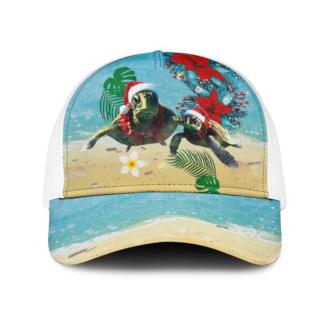 Hawaiian Mele Kalikimaka Mesh Trucker Cap Xmas Turtles and Tropical Plants with Red Poinsettia Watercolor Style LT03 One Size White Multicolor - Polynesian Pride