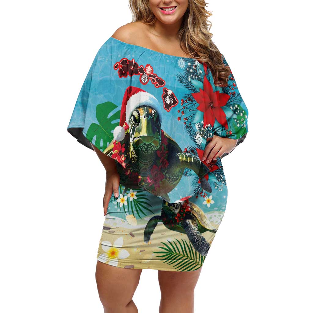 Hawaiian Mele Kalikimaka Off Shoulder Short Dress Tropical Xmas Turtles Red Poinsettia Watercolor LT03 Women Multicolor - Polynesian Pride