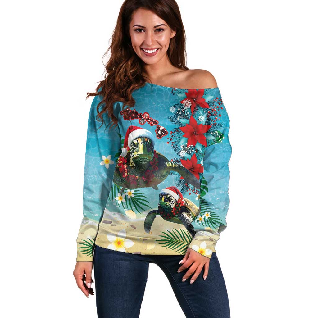 Hawaiian Mele Kalikimaka Off Shoulder Sweater Tropical Xmas Turtles Red Poinsettia Watercolor LT03 Women Multicolor - Polynesian Pride