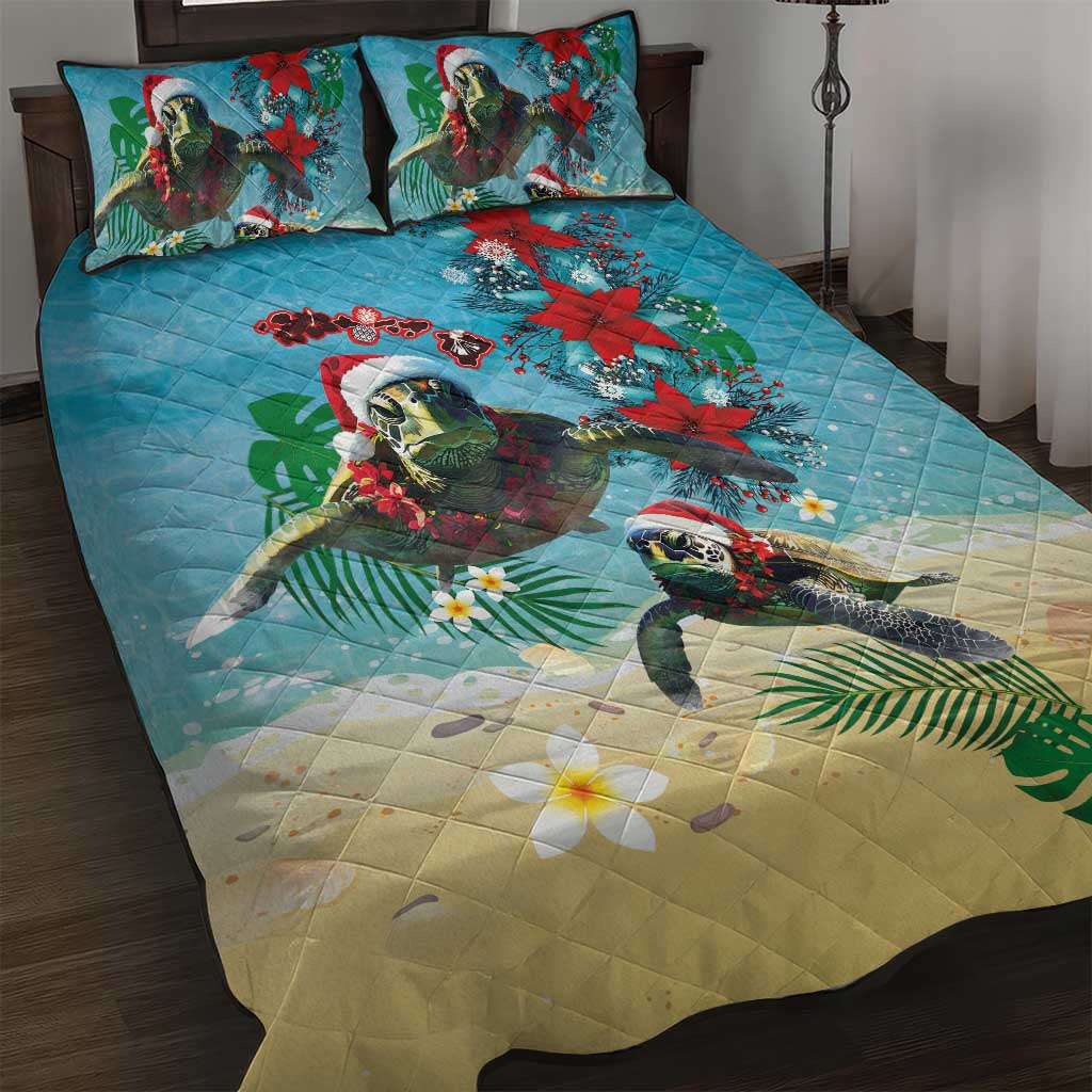 Hawaiian Mele Kalikimaka Quilt Bed Set Tropical Xmas Turtles Red Poinsettia Watercolor LT03 Multicolor - Polynesian Pride