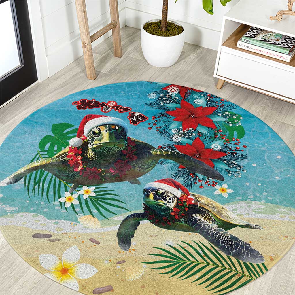 Hawaiian Mele Kalikimaka Round Carpet Tropical Xmas Turtles Red Poinsettia Watercolor LT03 Multicolor - Polynesian Pride
