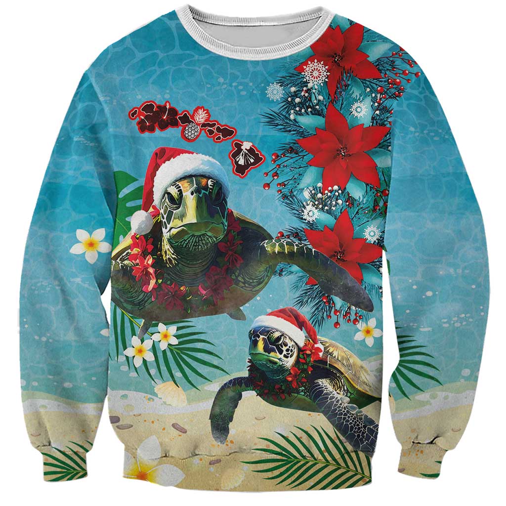Hawaiian Mele Kalikimaka Sweatshirt Tropical Xmas Turtles Red Poinsettia Watercolor LT03 Unisex Multicolor - Polynesian Pride
