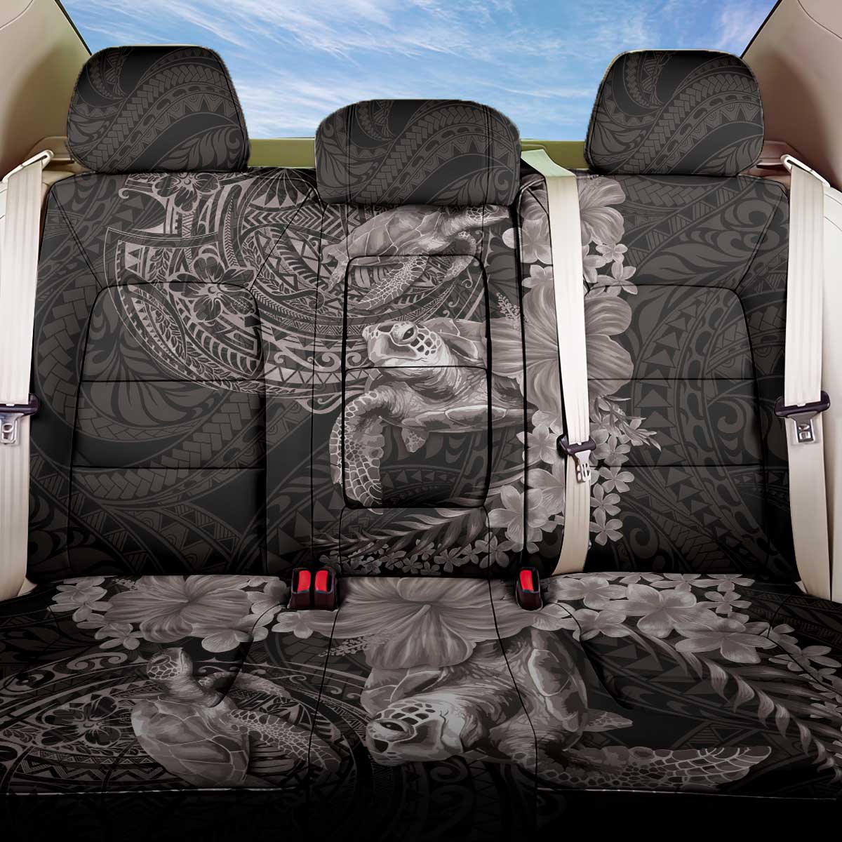 Hawaiian Plumeria and Hibiscus with Turtles Back Car Seat Cover Polynesian Art Grayscale LT03 One Size Black - Polynesian Pride