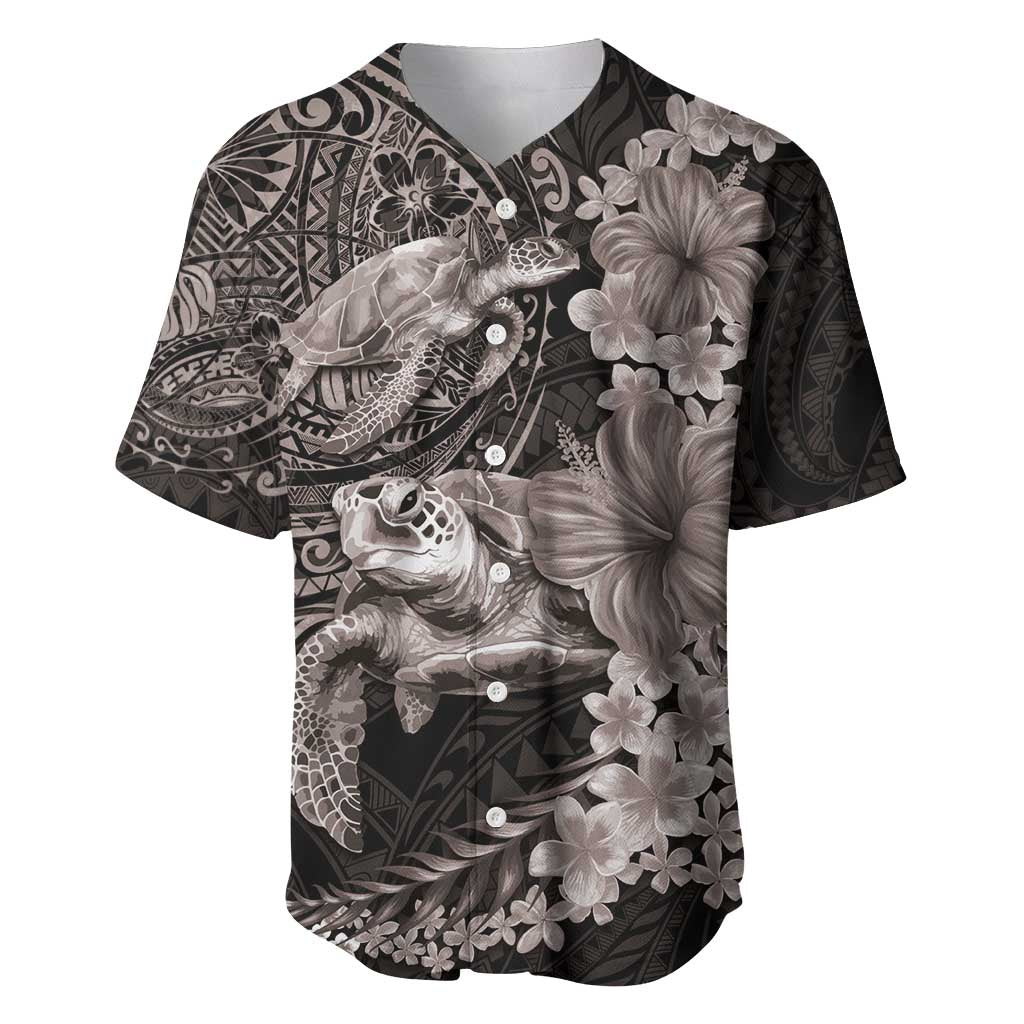 Hawaiian Plumeria and Hibiscus with Turtles Baseball Jersey Polynesian Art Grayscale LT03 Black - Polynesian Pride