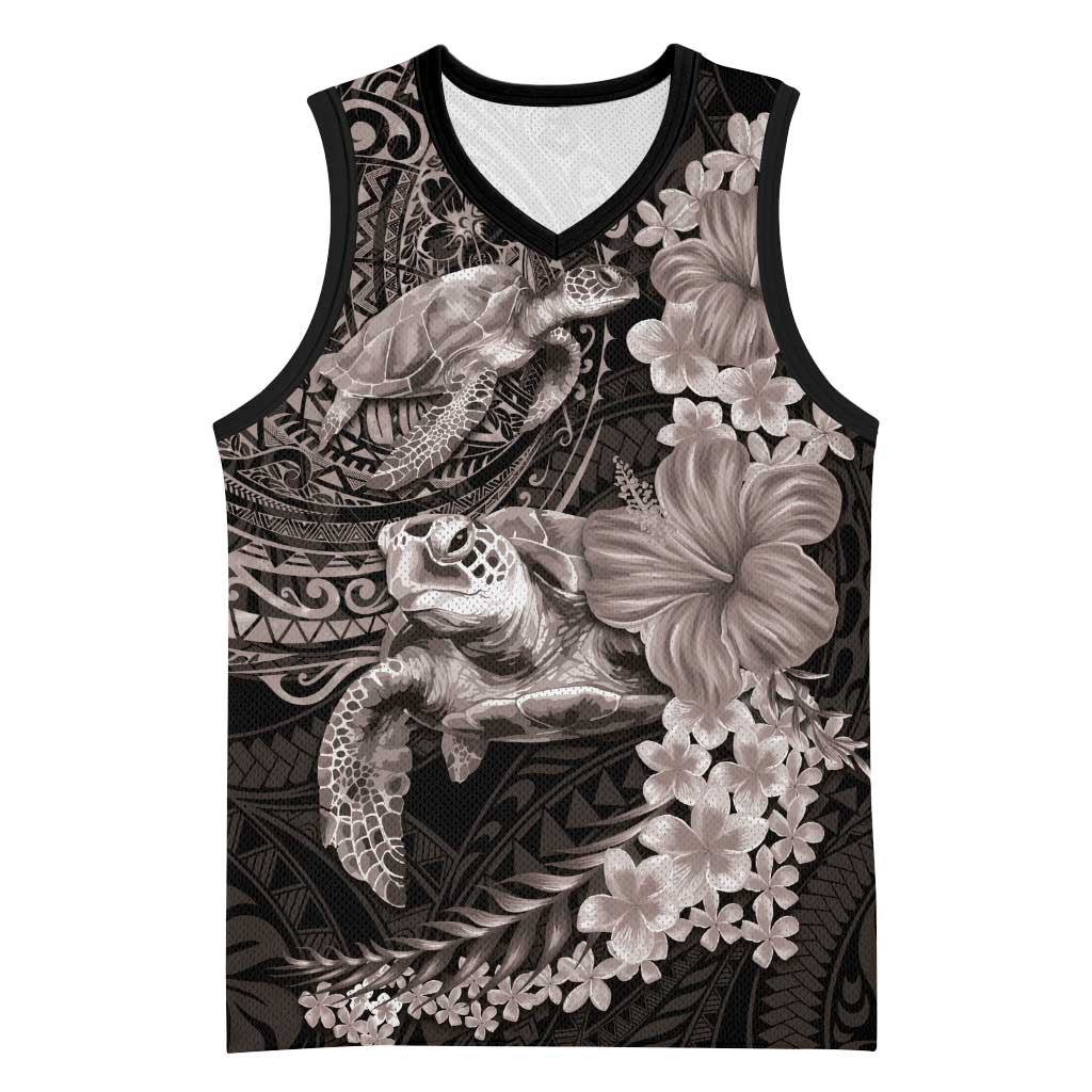 Hawaiian Plumeria and Hibiscus with Turtles Basketball Jersey Polynesian Art Grayscale LT03 Unisex Black - Polynesian Pride