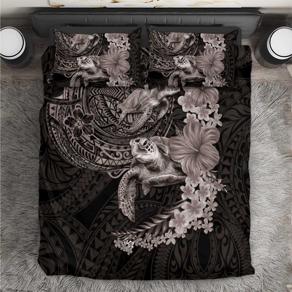 Hawaiian Plumeria and Hibiscus with Turtles Bedding Set Polynesian Art Grayscale LT03 Black - Polynesian Pride