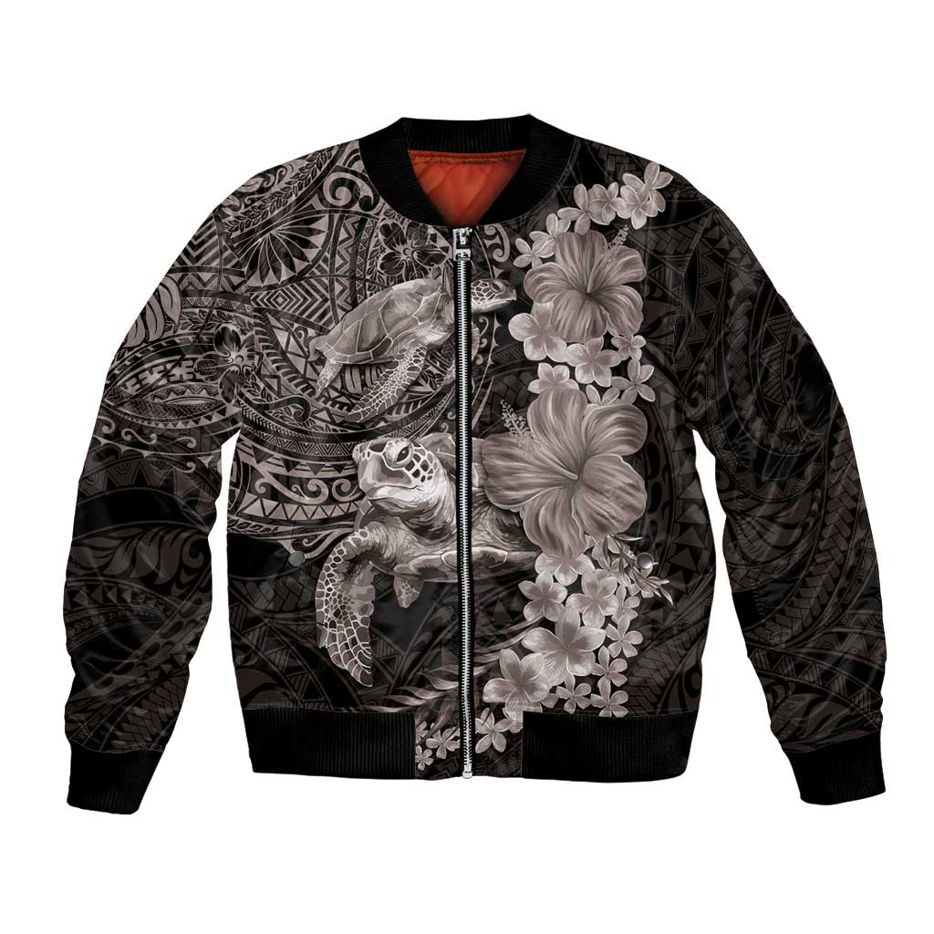Hawaiian Plumeria and Hibiscus with Turtles Bomber Jacket Polynesian Art Grayscale LT03 Unisex Black - Polynesian Pride