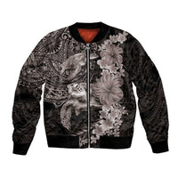 Hawaiian Plumeria and Hibiscus with Turtles Bomber Jacket Polynesian Art Grayscale LT03 Unisex Black - Polynesian Pride
