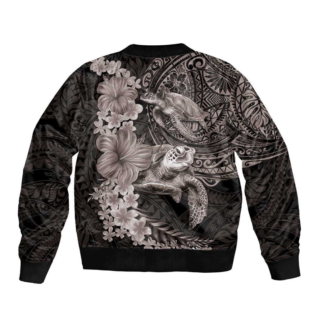 Hawaiian Plumeria and Hibiscus with Turtles Bomber Jacket Polynesian Art Grayscale LT03 - Polynesian Pride