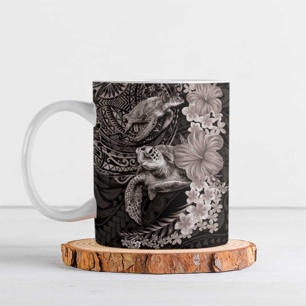 Hawaiian Plumeria and Hibiscus with Turtles Ceramic Mug Polynesian Art Grayscale LT03 Black - Polynesian Pride